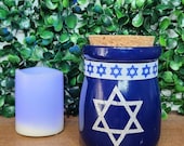 Hand-Painted Hanukkah small glass Jar with Cork Lid. Chanukkah decor.