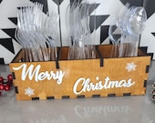 Rustic Christmas Cutlery Holder – Wooden Caddy for Utensils, Napkins, and Holiday Table Setting