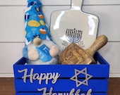 Hanukkah Decorations Wooden Crate: Rustic Holiday Decor Box for Gifts or Table Display (9")