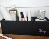 Personalized Desk Makeup Organizer | Custom Wooden Vanity box for Brushes & Cosmetics.