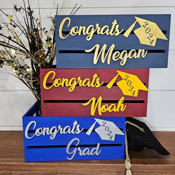 College colors graduation card box. Custom wooden graduation gift box.  Graduation gift crate 2024. Graduation 2024 decorations. 9"
