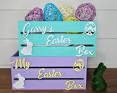 Personalized kids wood easter basket. Custom boy and girl Easter gifts crate.