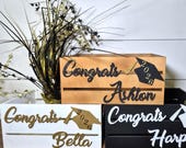 Personalized graduation card box. Custom wooden grad party decor.