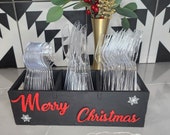 Christmas utensil holder. Silverware organizer for seasonal decor. Cutlery organizer for christmas table.