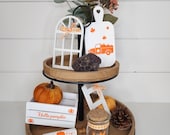 Fall wood decorations for Tiered tray decor. Autumn table.
