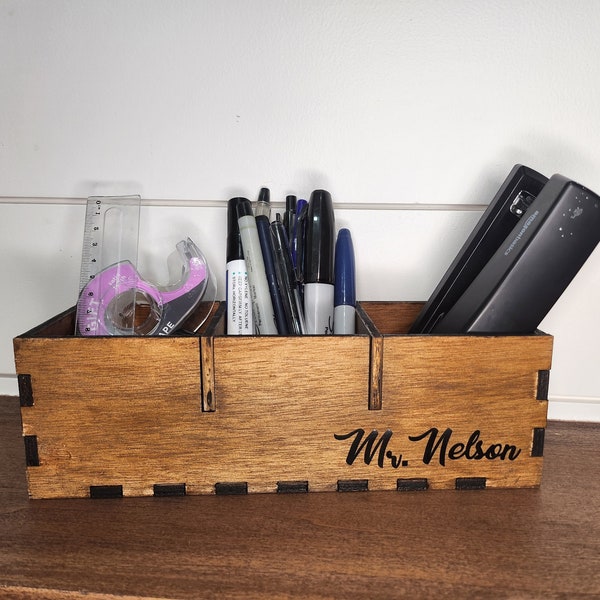 Personalized wood desk organizer holder. Custom wood pencil caddy storage. Corporate gifts, client gifts.