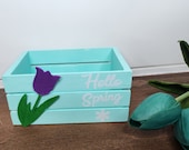 Spring themed Small wooden box. Spring tray decor. Spring Mini Crate with Watering can and flower Figurine. (5&quot;)