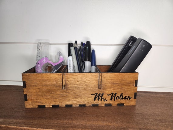 Personalized Wood Desk Organizer Holder. Custom Wood Pencil Caddy Storage.  Corporate Gifts, Client Gifts. 