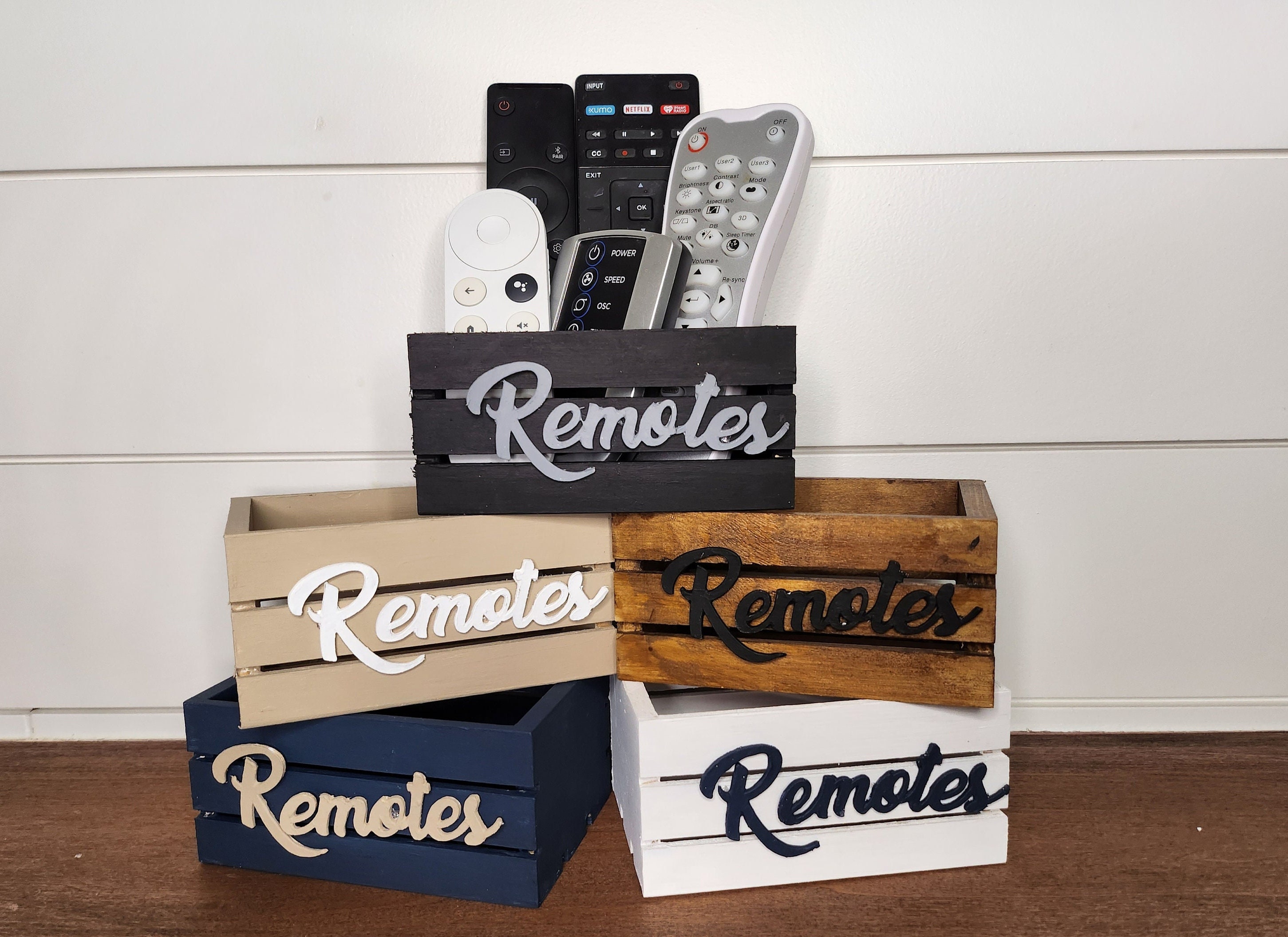 Five wooden mini crates with a Remotes word. The crate is perfect for farmhouse or modern decor. Ideal for remote controls organization and decorative accents.