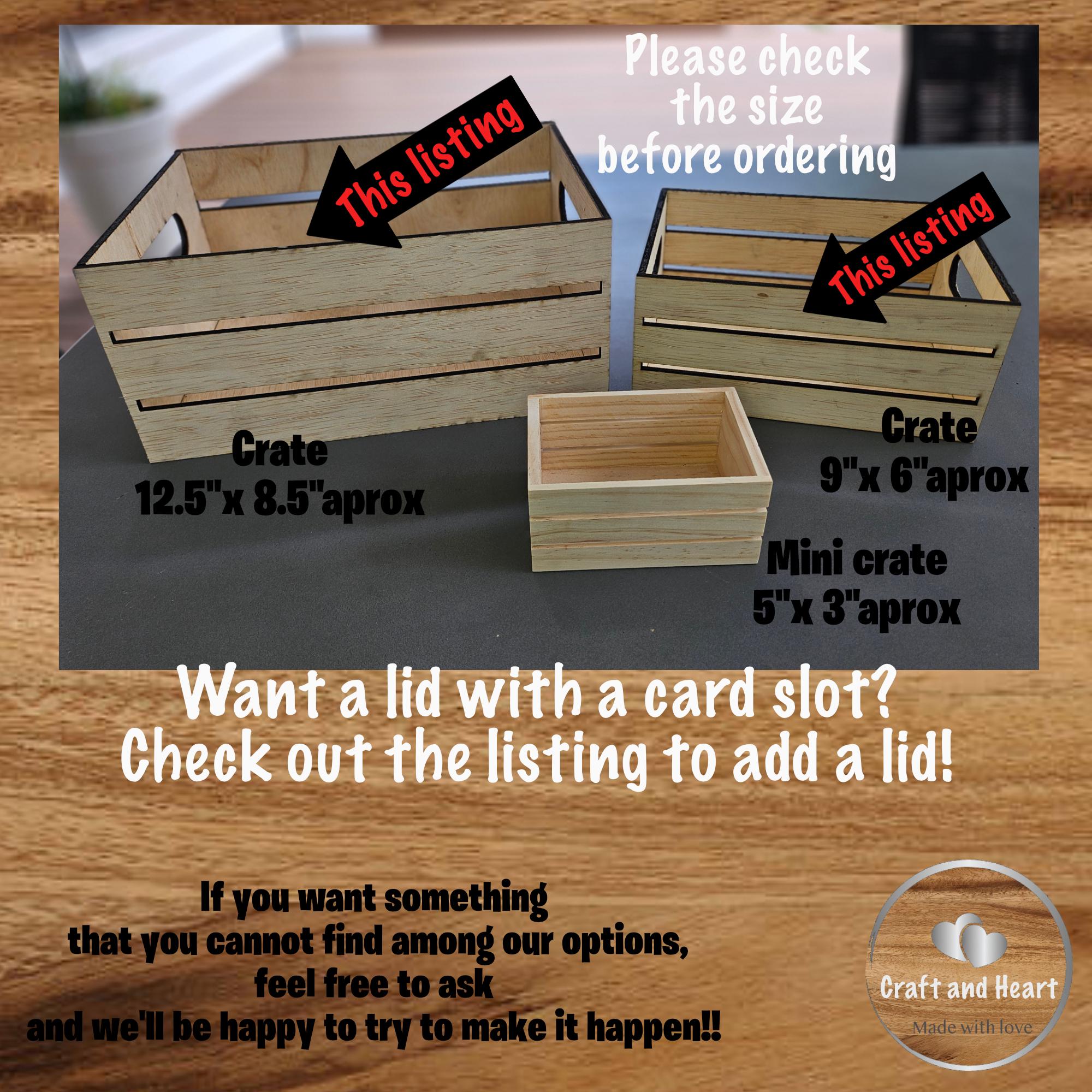 Three wooden crates of different sizes: 12.5 inches x 8.5 inches approx, 9 inches x 6 inches approx, and a mini crate 5 inches x 3 inches approx. Text: Please check the size before ordering. See our other listings for more options and sizes.