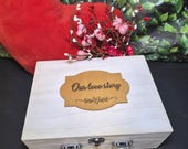 Valentines Card Box: Rustic Wooden Engraved Keepsake Suitcase for couples. 9.5"