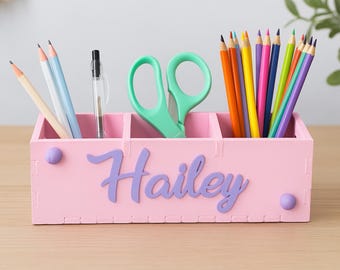 Personalized wooden Kids Pencil Holder. Custom Name Desk Organizer.