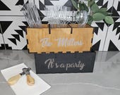 Personalized wooden utensil holder. Countertop wood silverware party caddy.