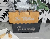 Personalized wooden utensil holder. Countertop wooden silverware party caddy.