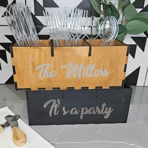 Personalized wooden utensil holder. Countertop wooden silverware party caddy.