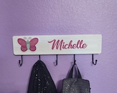 Personalized wooden kids coat rack. Name wood coat hooks for children bedroom. Personalized girl coat rack aesthetic bedroom decor.