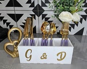 Rustic wedding silverware holder. Cutlery organizer for wedding reception. Engagement wedding decorations.