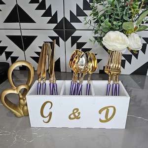 Rustic Wood Wedding Silverware Holder: Hand-Painted Utensil Caddy