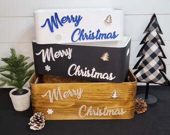 Wooden Christmas box. Xmas Wood Crate for holiday decor.