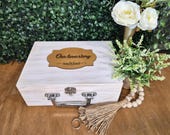 Personalized Wedding Memory Box: Rustic Wooden engraved Keepsake chest with handle. 9.5"