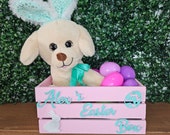 Personalized custom kids easter basket. Wooden crate for egg hunt.