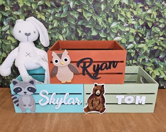 Small wooden box for kids desk decor. Playroom storage wood crate. 9"