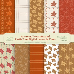 May include: A collection of seamless digital patterns in autumn colors. The patterns feature leaves and vines in terracotta, brown, and cream hues. The image includes text that reads "Autumn, Terracotta and Earth Tone Digital Leaves & Vines".