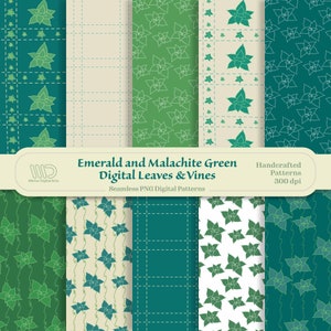 Patrones digitales sin costuras de hojas y vides - Verdes esmeralda, helecho, chartreuse y jade - Conjuntos de papel digital imprimibles para decoupage y origami