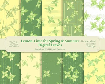 Lemon Lime Seamless Digital PNG Leaf Patterns Great for Papers Surfaces Boho Backgrounds, Hand Crafted Lemon Yellow Lime Green