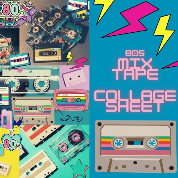 80s Mix Tape Collage Print, Digital Paper, Scrapbooking, Journal Print, Cassette Tapes Collage, DIY Craft