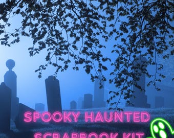 Peut inclure: Un graphique numérique représentant un cimetière la nuit avec des silhouettes de pierres tombales sous des branches d'arbres. Le texte SPOOKY HAUNTED SCRAPBOOK KIT est écrit en lettres néon rose vif, avec une icône de fantôme vert brillant.