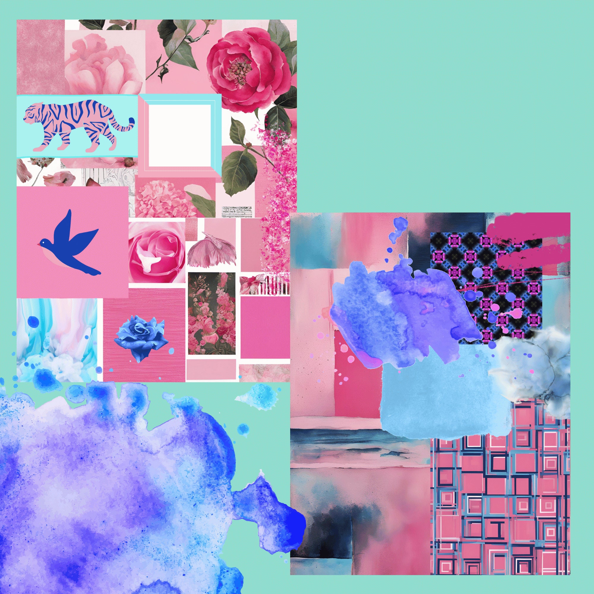 Pink and Blue Collage Sheets, PNG Prints, Digital Paper, Scrapbooking ...