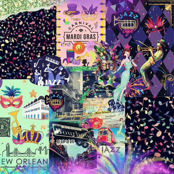 New Orleans Prints, Digital Paper, Junk Journal Pages, Mardi Gras, Parade, Carnival, Jazz, Scrapbooking, Collage, DIY Craft