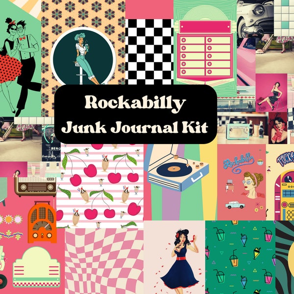 Rockabilly Junk Journal Kit, 1950s Scrapbooking, Printable Rockabilly, 1950s Retro Paper, DIY Craft, Collage, Card Making, 50s PNG