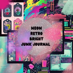 Retro Neon Junk Journal Kit, Digital Prints, Ephemera, Scrapbooking, Collage, PNG