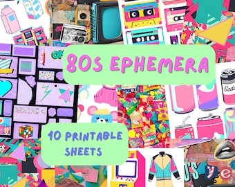 Printable 80s Junk Journal, PNG, Ephemera, Digital Download, Collage, Backgrounds