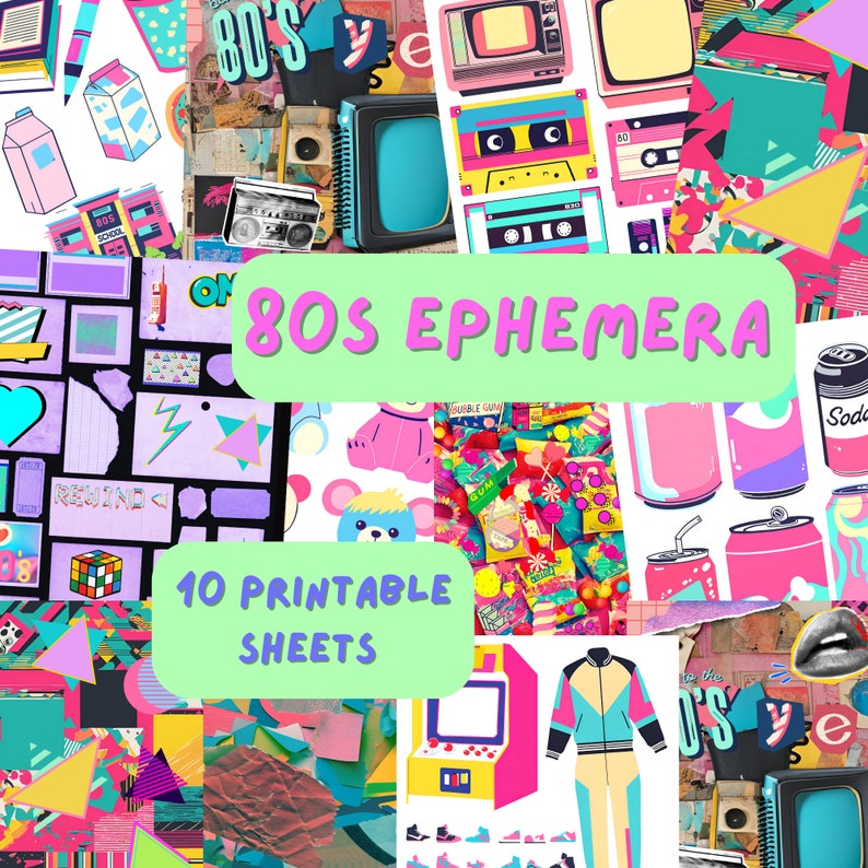 80s Junk Journal, PNG Prints, Ephemera, Digital Prints, Paper, Collage