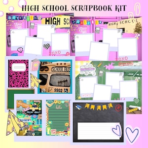 Pode incluir: Um kit de scrapbook para o ensino médio com vários elementos digitais, incluindo molduras polaroid em branco, imagens de ônibus escolar, papel pautado, fundos de lousa, aviões de papel e adesivos decorativos com o texto High School Scrapbook Kit.
