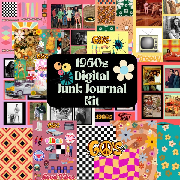 1960s Junk Journal Kit, 1960s Prints, PNG, Scrapbooking, DIY Craft, Collage, Swinging Sixties, Digital Download Prints