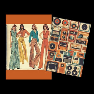 May include: Vintage-style illustration featuring four women in 1970s jumpsuits in various colors and patterns. A collage of retro radios and speakers is on the right. The color palette includes orange, blue, yellow, and brown.