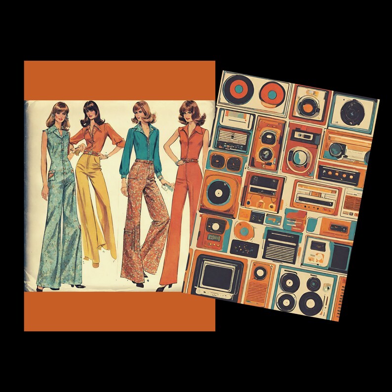 May include: Vintage-style illustration featuring four women in 1970s jumpsuits in various colors and patterns. A collage of retro radios and speakers is on the right. The color palette includes orange, blue, yellow, and brown.