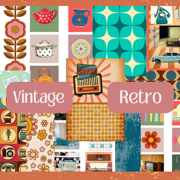Digital Vintage Retro Junk Journal Kit, Scrapbooking, DIY Craft, Cut And Collage, 1950s, 1960s, DIY Ephemera, Vintage Papers, Retro PNG