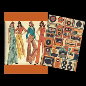 May include: Vintage fashion illustration featuring four women in 1970s jumpsuits. The jumpsuits are in various colors and patterns, including blue, orange, yellow, and floral prints. A patterned background of vintage radios and speakers is on the right.