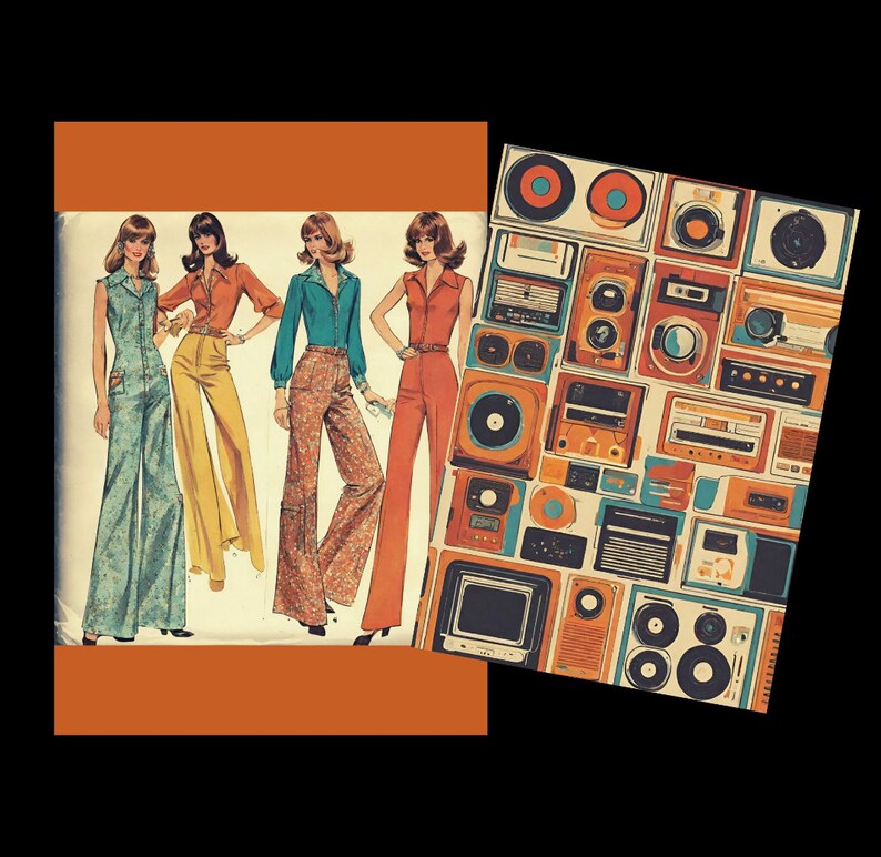 May include: Vintage fashion illustration featuring four women in 1970s jumpsuits. The jumpsuits are in various colors and patterns, including blue, orange, yellow, and floral prints. A patterned background of vintage radios and speakers is on the right.