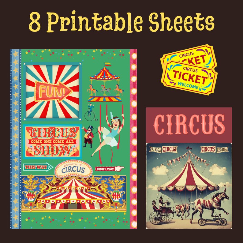 Vintage Circus Prints, Digital Paper, Junk Journal, Scrapbooking