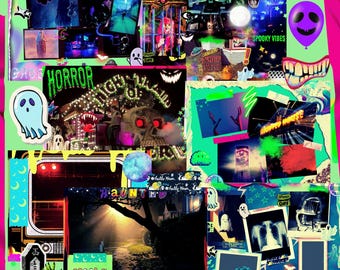 Haunted Scrapbook Kit, Digital Prints, Neon Halloween, Collage, DIY Craft