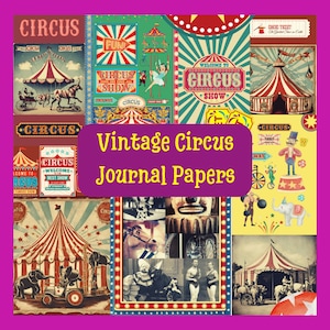 Impresiones de circo vintage, papel digital, diario basura, scrapbooking, papel de fondo, manualidades DIY, impresiones de collage, carnaval PNG