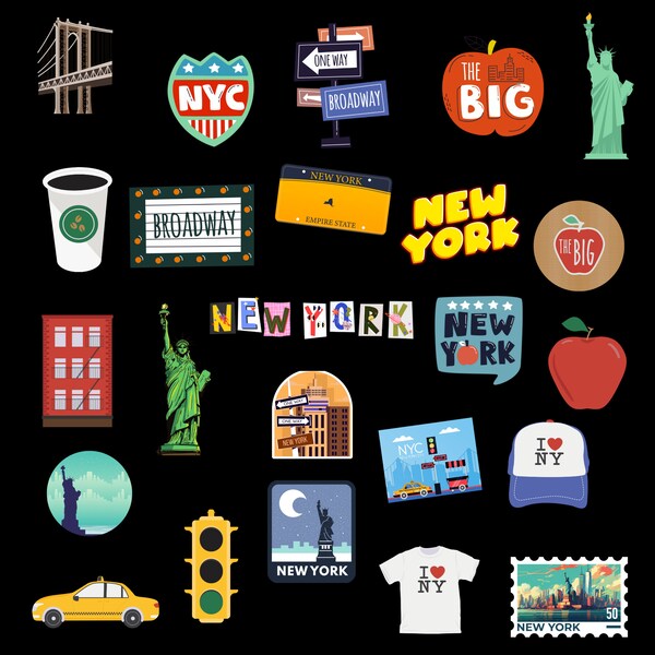 Ensemble d'images clipart New York, PNG, créations artisanales, autocollants DIY, décalcomanies, oeuvre d'art pour journal intime, oeuvre d'art murale, scrapbooking, fabrication de cartes, collage, grosse pomme