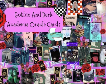 May include: A collage of oracle cards featuring dark, gothic, and academic imagery, including skulls, roses, candles, and vintage architecture. The text "Gothic And Dark Academia Oracle Cards" is displayed in a large, light purple rounded rectangle.