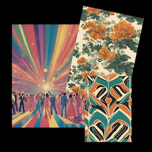 May include: An illustration of a disco scene with a rainbow-colored light display and people dancing. Additional patterns include orange floral and abstract geometric designs, evoking a retro aesthetic.
